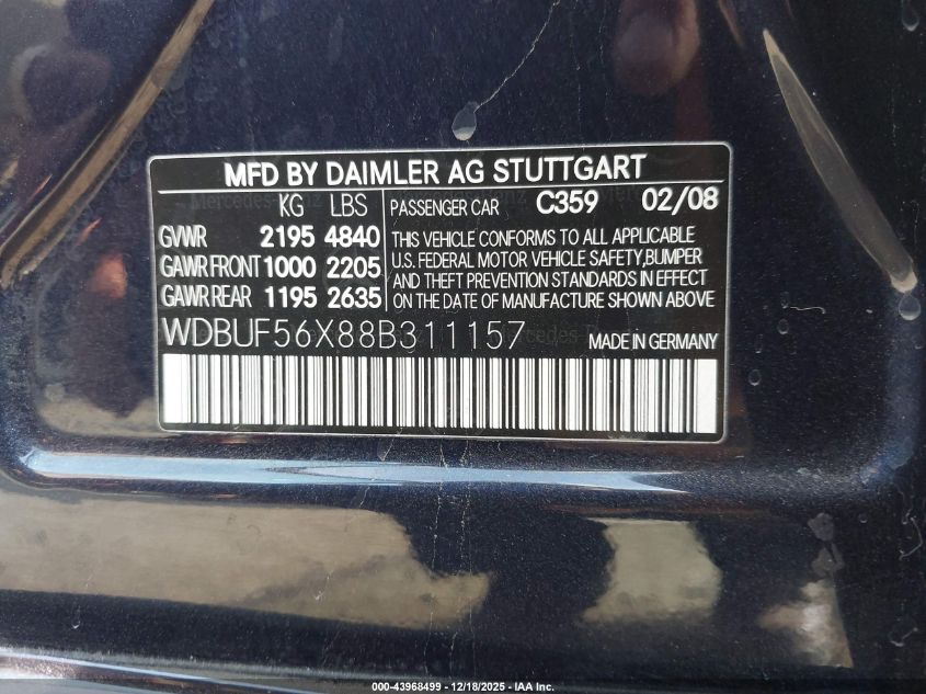 2008 Mercedes-Benz E 350 VIN: WDBUF56X88B311157 Lot: 43968499