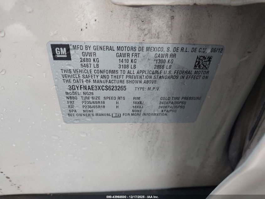 2012 Cadillac Srx Luxury Collection VIN: 3GYFNAE3XCS623265 Lot: 43968500