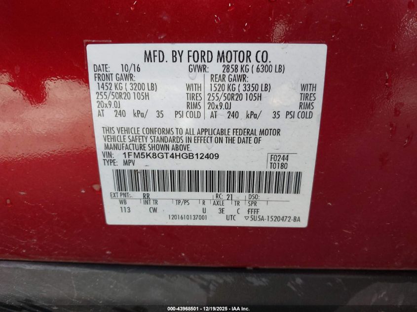 2017 Ford Explorer Sport VIN: 1FM5K8GT4HGB12409 Lot: 43968501