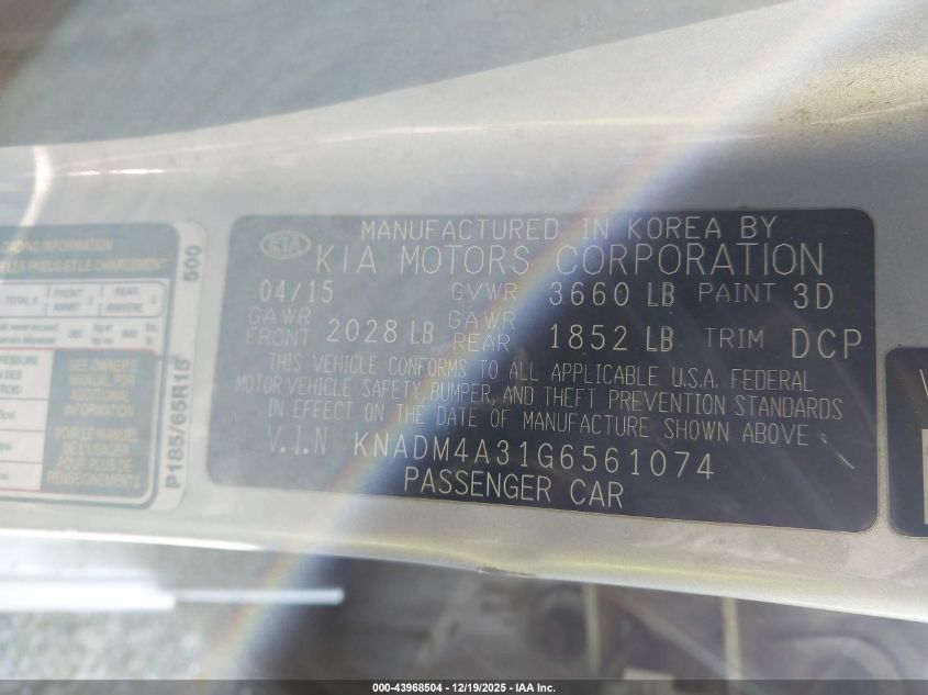 2016 Kia Rio Lx VIN: KNADM4A31G6561074 Lot: 43968504