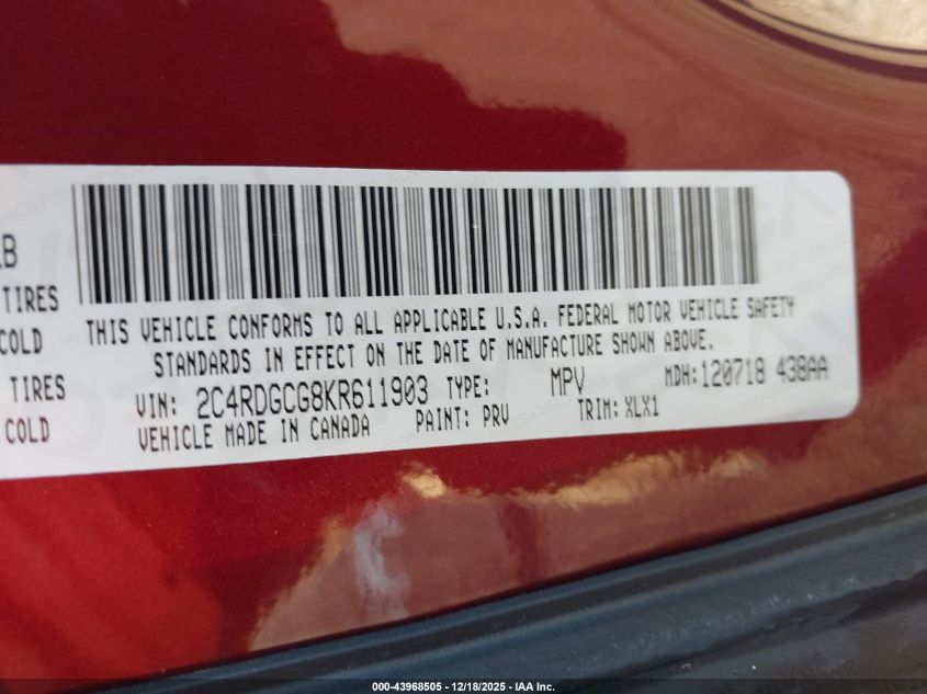 2019 Dodge Grand Caravan Sxt VIN: 2C4RDGCG8KR611903 Lot: 43968505