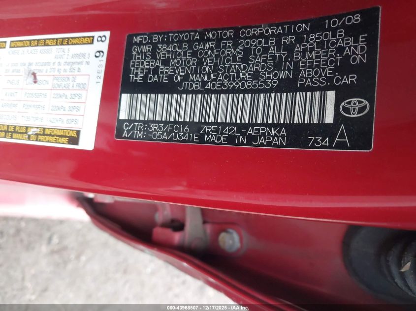 2009 Toyota Corolla Xle VIN: JTDBL40E399085539 Lot: 43968507