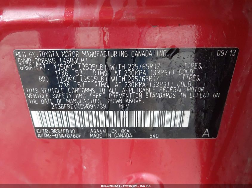 2013 Toyota Rav4 Le VIN: 2T3BFREV4DW094739 Lot: 43968511