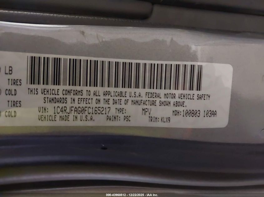 2015 Jeep Grand Cherokee Altitude VIN: 1C4RJFAG0FC165217 Lot: 43968512