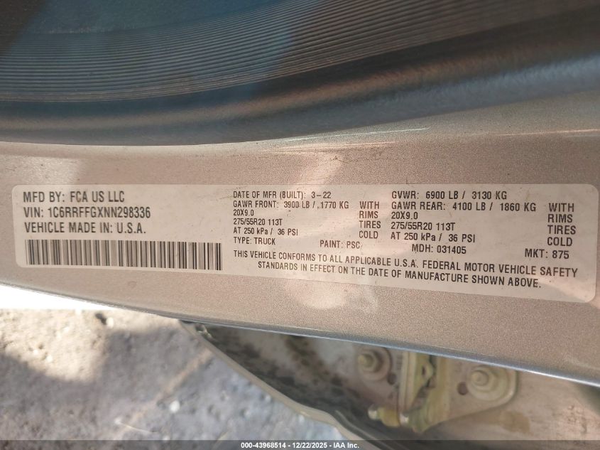 2022 Ram 1500 Big Horn 4X4 5'7 Box VIN: 1C6RRFFGXNN298336 Lot: 43968514