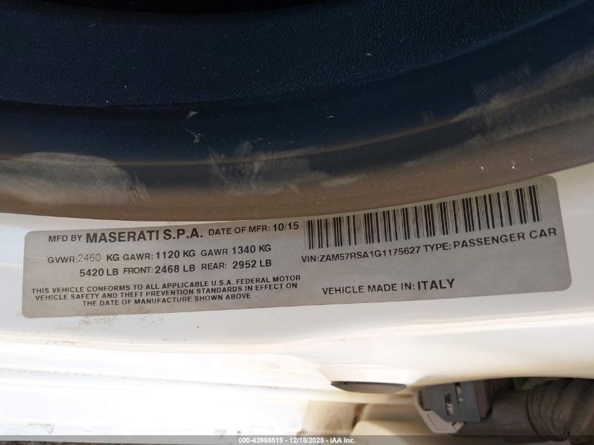 2016 Maserati Ghibli S VIN: ZAM57RSA1G1175627 Lot: 43968519