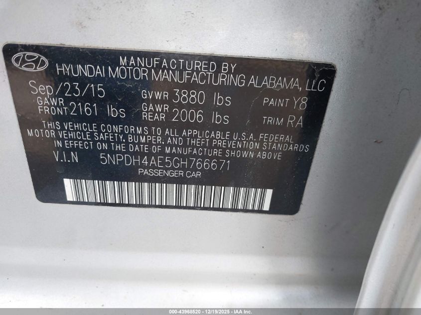 2016 Hyundai Elantra Se VIN: 5NPDH4AE5GH766671 Lot: 43968520