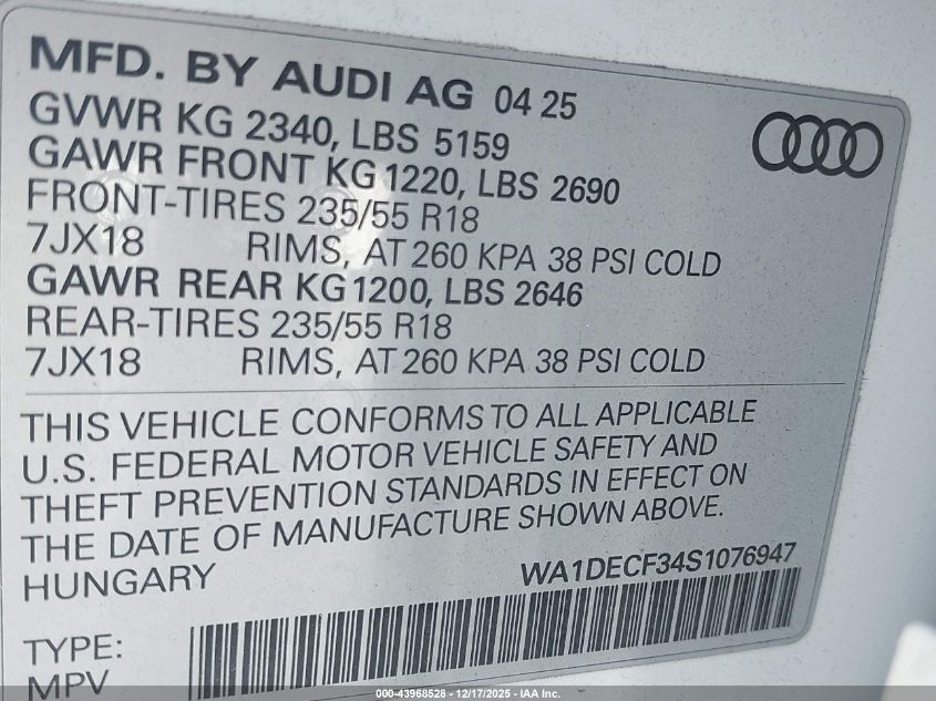 2025 Audi Q3 Premium 45 Tfsi S Line Quattro Tiptronic VIN: WA1DECF34S1076947 Lot: 43968528