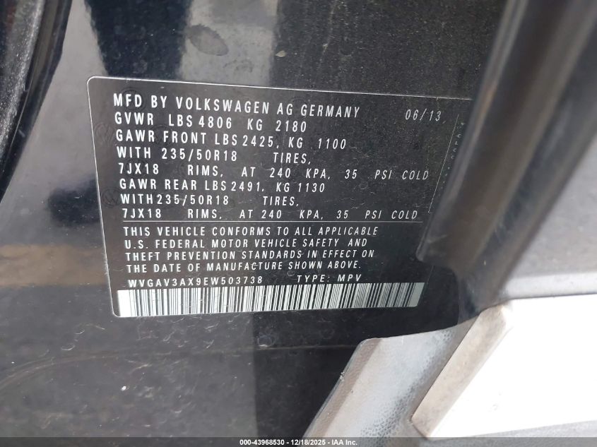 2014 Volkswagen Tiguan Se VIN: WVGAV3AX9EW503738 Lot: 43968530