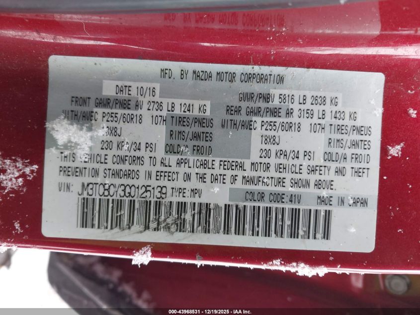 2016 Mazda Cx-9 Touring VIN: JM3TCBCY3G0125139 Lot: 43968531