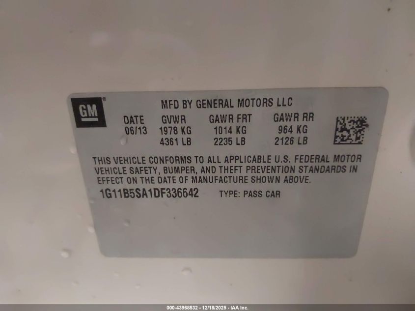 2013 Chevrolet Malibu 1Ls VIN: 1G11B5SA1DF336642 Lot: 43968532