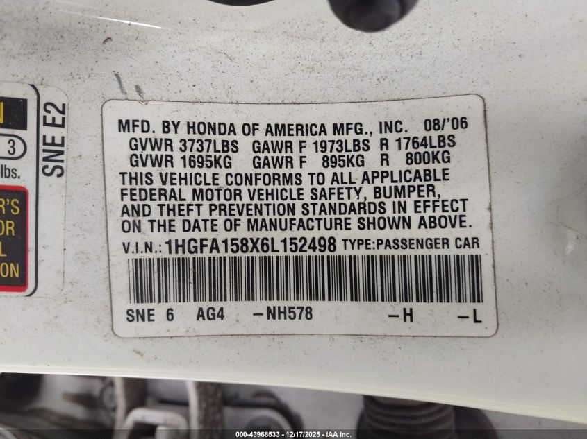 2006 Honda Civic Ex VIN: 1HGFA158X6L152498 Lot: 43968533