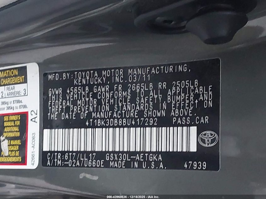 2011 Toyota Avalon VIN: 4T1BK3DB8BU417292 Lot: 43968536