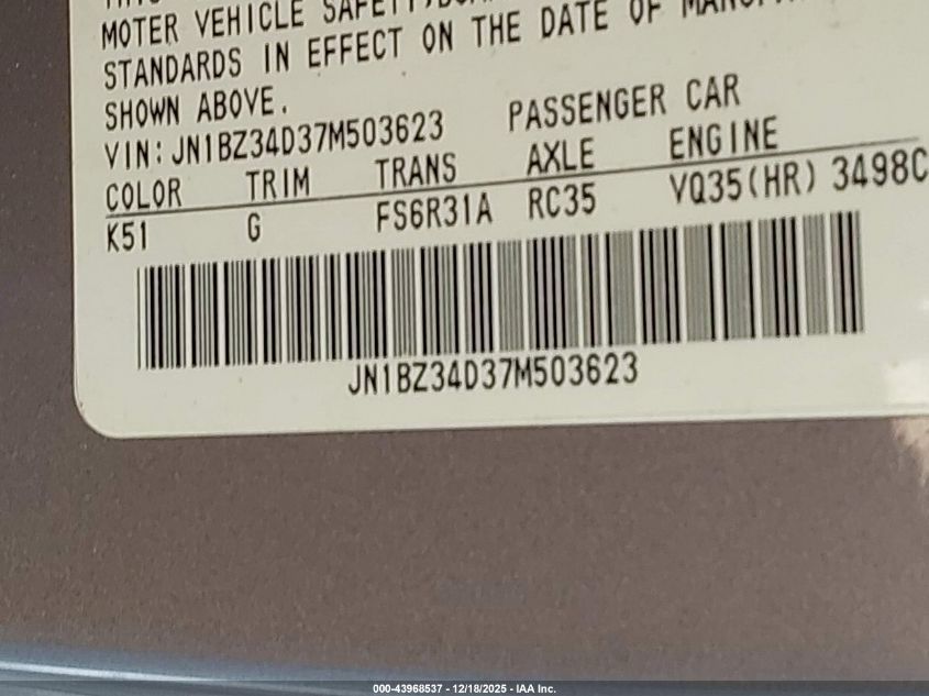 2007 Nissan 350Z VIN: JN1BZ34D37M503623 Lot: 43968537