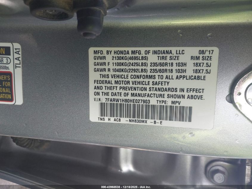 2017 Honda Cr-V Ex-L/Ex-L Navi VIN: 7FARW1H80HE027903 Lot: 43968538