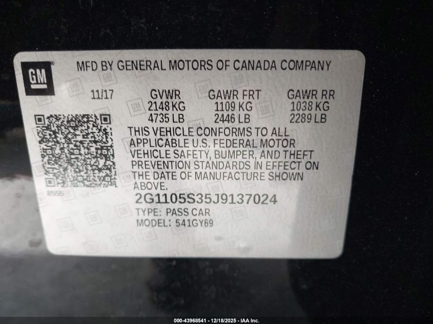 2018 Chevrolet Impala 1Lt VIN: 2G1105S35J9137024 Lot: 43968541