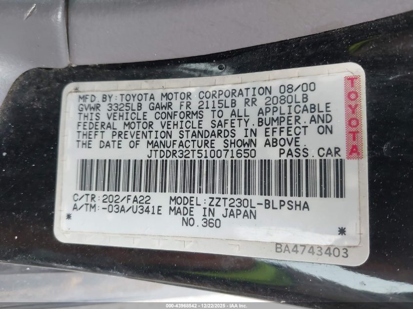 2001 Toyota Celica Gt VIN: JTDDR32T510071650 Lot: 43968542