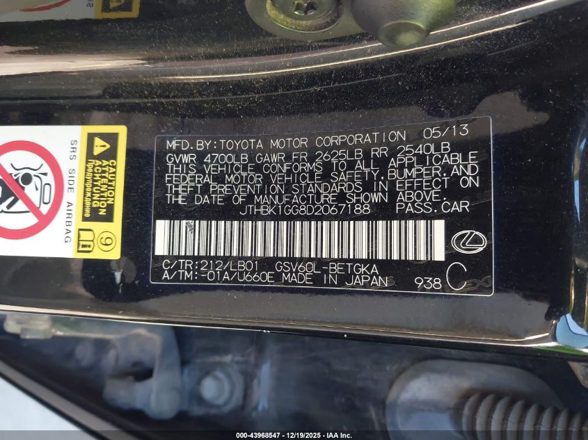 2013 Lexus Es 350 VIN: JTHBK1GG8D2067188 Lot: 43968547