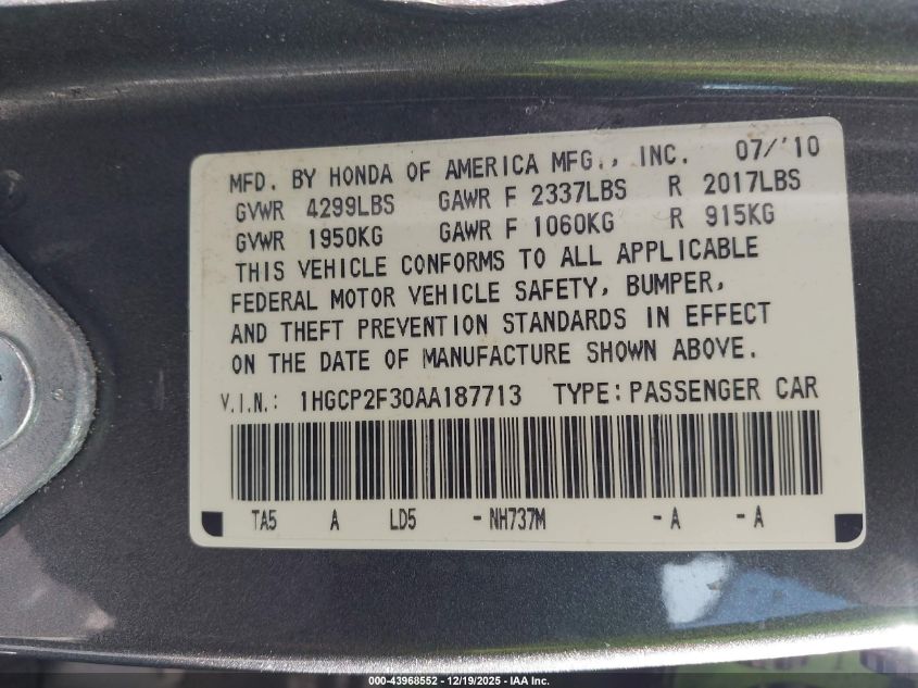2010 Honda Accord 2.4 Lx VIN: 1HGCP2F30AA187713 Lot: 43968552