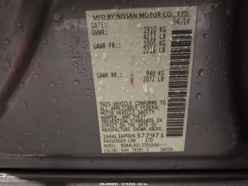 2014 Nissan Altima 2.5/2.5 S/2.5 Sl/2.5 Sv VIN: 1N4AL3AP0EN377971 Lot: 43968553