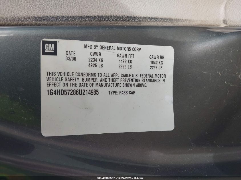 2006 Buick Lucerne Cxl VIN: 1G4HD57286U214985 Lot: 43968557