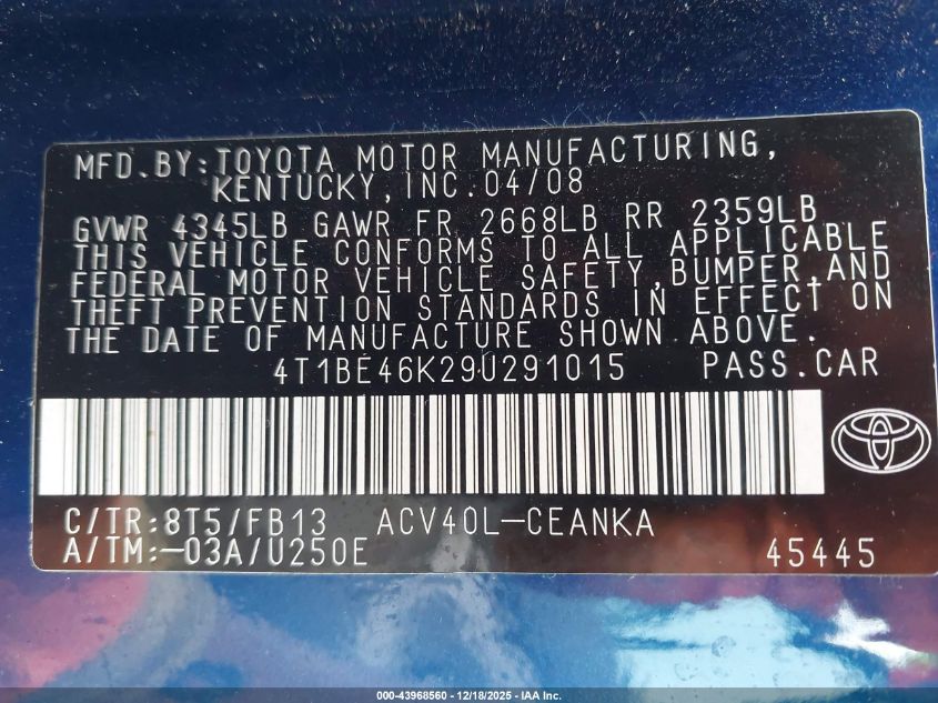 2009 Toyota Camry VIN: 4T1BE46K29U291015 Lot: 43968560