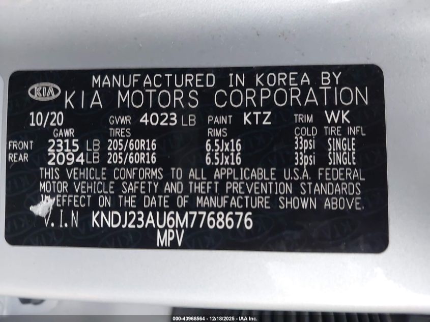 2021 Kia Soul Lx VIN: KNDJ23AU6M7768676 Lot: 43968564