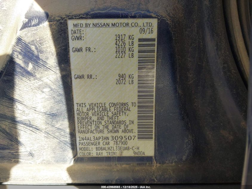 2017 Nissan Altima 2.5 Sr VIN: 1N4AL3AP3HN309507 Lot: 43968565