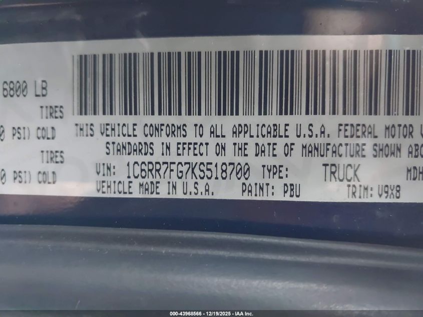 2019 Ram 1500 Classic Express 4X4 6'4 Box VIN: 1C6RR7FG7KS518700 Lot: 43968566