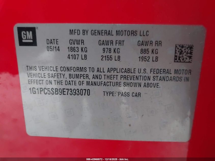 2014 Chevrolet Cruze 1Lt Auto VIN: 1G1PC5SB9E7393070 Lot: 43968572