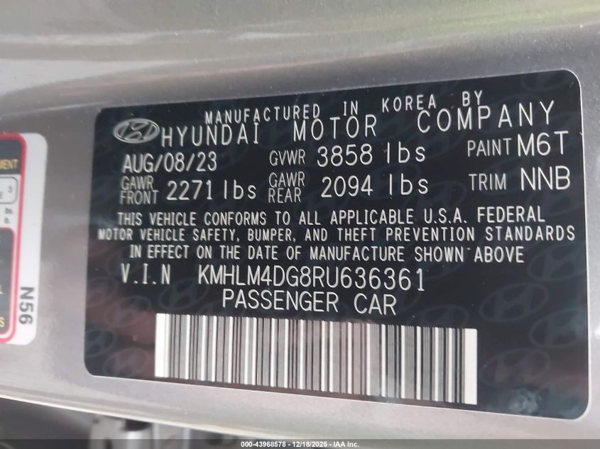 2024 Hyundai Elantra Sel VIN: KMHLM4DG8RU636361 Lot: 43968578