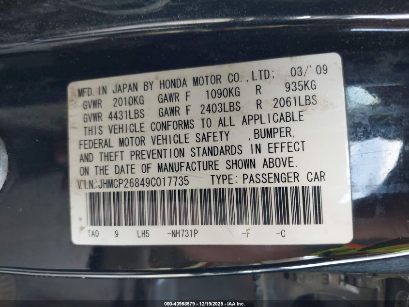 2009 Honda Accord 2.4 Ex-L VIN: JHMCP26849C017735 Lot: 43968579