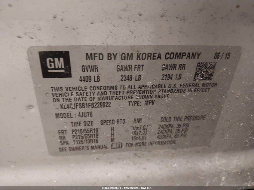 2015 Buick Encore Convenience VIN: KL4CJFSB1FB229922 Lot: 43968581