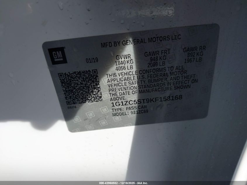 2019 Chevrolet Malibu 1Fl VIN: 1G1ZC5ST9KF158168 Lot: 43968582