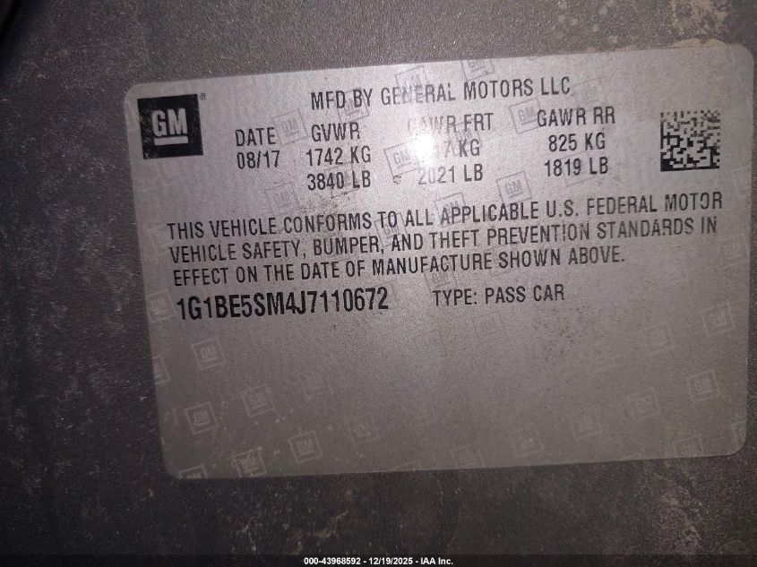 2018 Chevrolet Cruze Lt Auto VIN: 1G1BE5SM4J7110672 Lot: 43968592