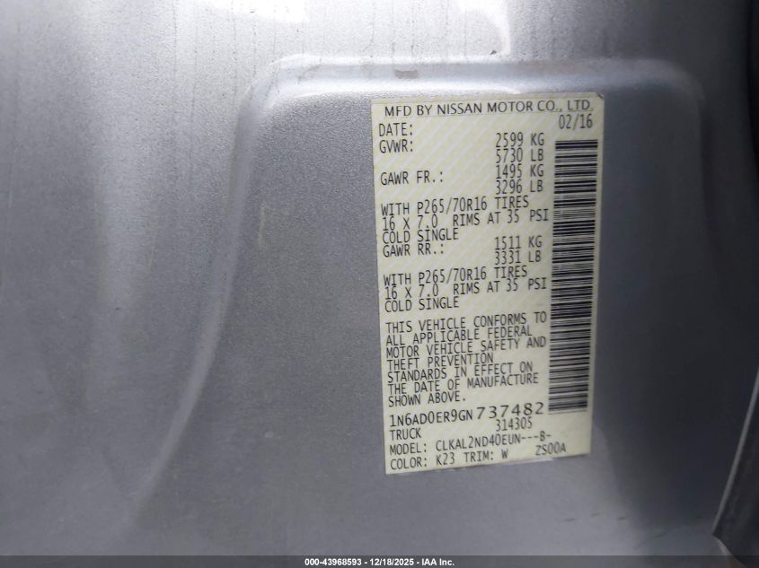 2016 Nissan Frontier Desert Runner/S/Sl/Sv VIN: 1N6AD0ER9GN737482 Lot: 43968593