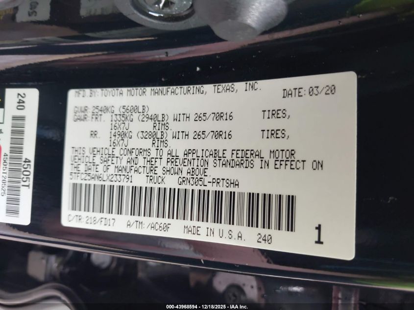 2020 Toyota Tacoma Trd Off-Road VIN: 5TFCZ5AN6LX233791 Lot: 43968594