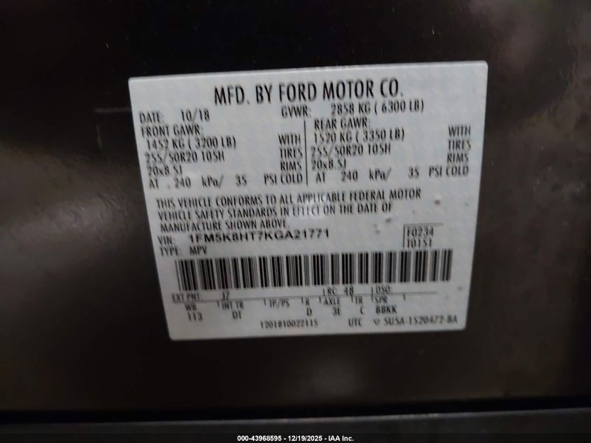 2019 Ford Explorer Platinum VIN: 1FM5K8HT7KGA21771 Lot: 43968595