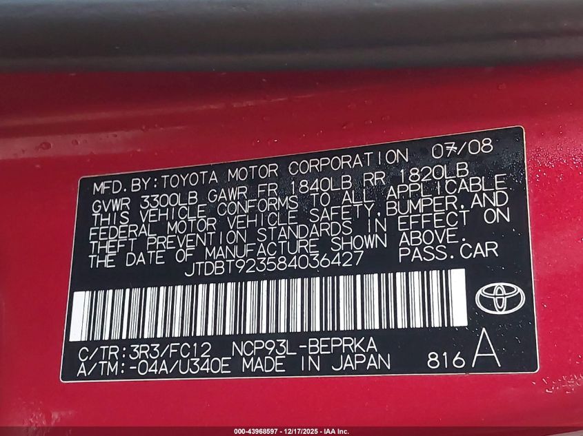 2008 Toyota Yaris VIN: JTDBT923584036427 Lot: 43968597