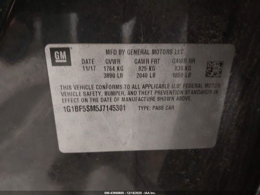 2018 Chevrolet Cruze Premier Auto VIN: 1G1BF5SM5J7145301 Lot: 43968600
