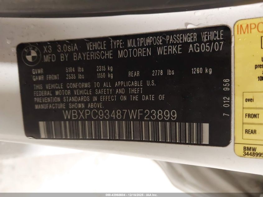 2007 BMW X3 3.0Si VIN: WBXPC93487WF23899 Lot: 43968604