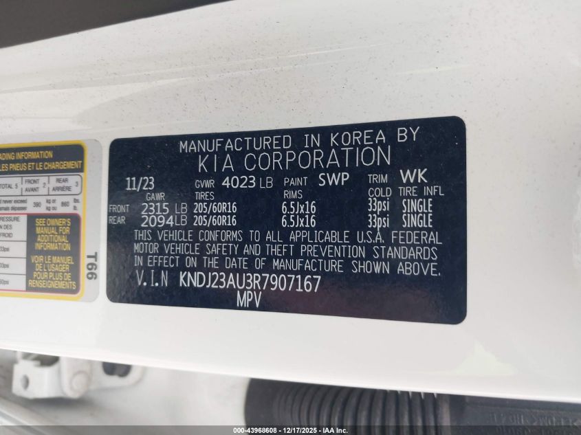 2024 Kia Soul Lx VIN: KNDJ23AU3R7907167 Lot: 43968608