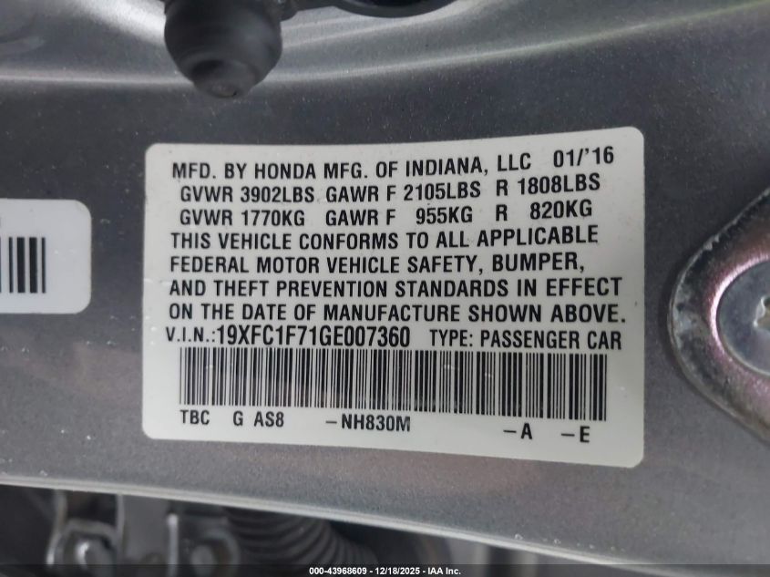 2016 Honda Civic Ex-L VIN: 19XFC1F71GE007360 Lot: 43968609