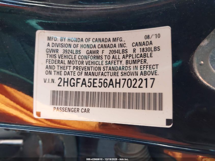 2010 Honda Civic Sdn Si VIN: 2HGFA5E56AH702217 Lot: 43968610