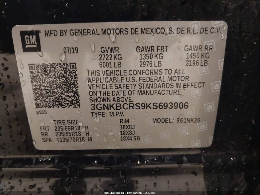 2019 Chevrolet Blazer VIN: 3GNKBCRS9KS693906 Lot: 43968613