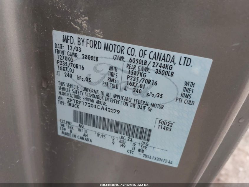 2004 Ford F-150 Heritage Xl/Xlt VIN: 2FTRF17204CA42279 Lot: 43968615