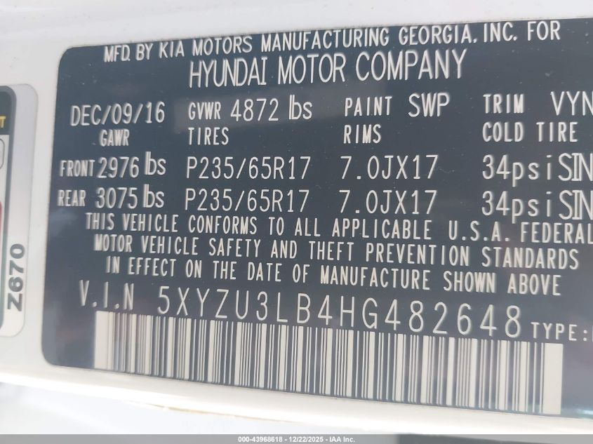 2017 Hyundai Santa Fe Sport 2.4L VIN: 5XYZU3LB4HG482648 Lot: 43968618
