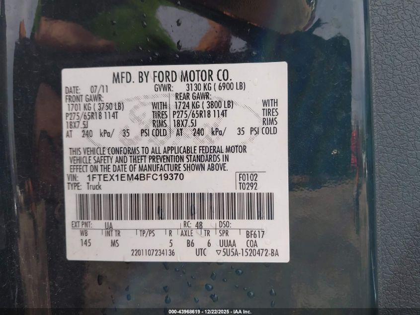 2011 Ford F-150 Xlt VIN: 1FTEX1EM4BFC19370 Lot: 43968619