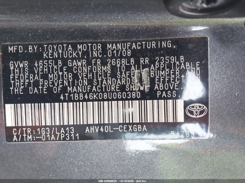 2008 Toyota Camry Hybrid VIN: 4T1BB46K08U060380 Lot: 43968620