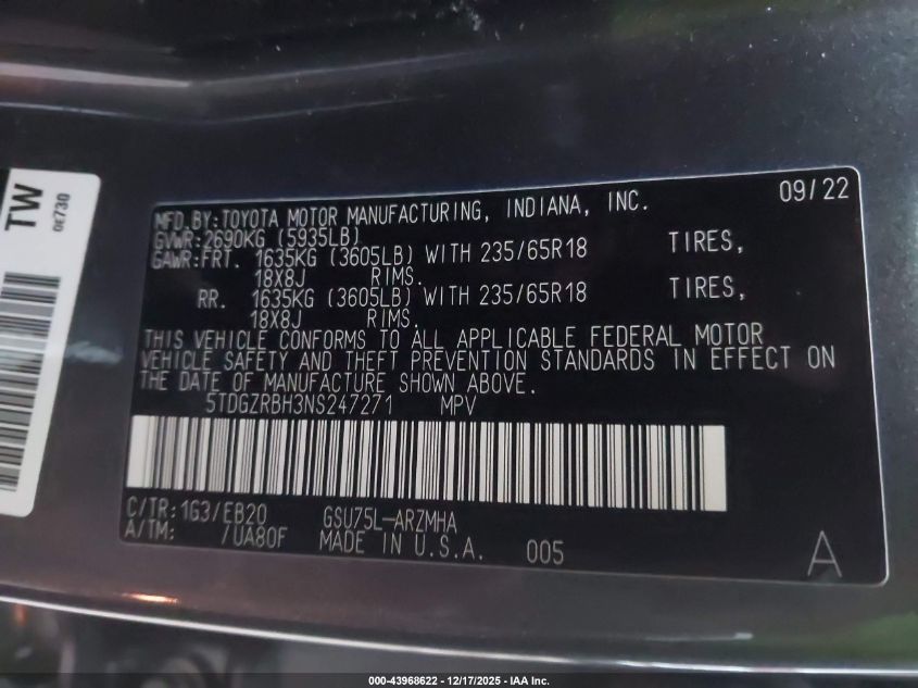 2022 Toyota Highlander Xle VIN: 5TDGZRBH3NS247271 Lot: 43968622